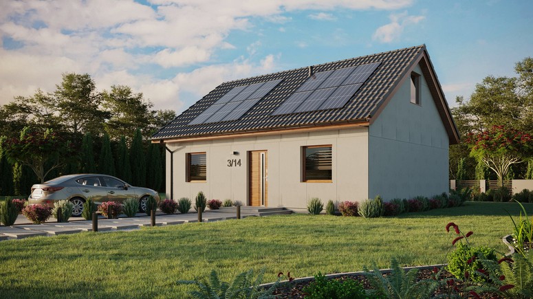 Projekt ERDOL 2 - Wersja lewa (salon po lewej stronie) - Dwuspadowy z poddaszem użytkowym – kąt nachylenia 35 stopni - Bez okien/świetlików dachowych - Okna standardowe - Bez styropianu, siatki i kleju - Złoty dąb - Instalacja fotowoltaiczna 4,8 kWp (12 paneli)