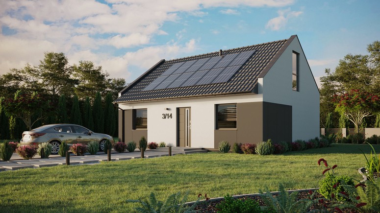 Projekt ERDOL 2 - Wersja lewa (salon po lewej stronie) - Dwuspadowy nowoczesny z poddaszem użytkowym – kąt nachylenia 35 stopni - Bez okien/świetlików dachowych - Okna na poddaszu do podłogi - Styropian, siatka i klej - Antracyt - Instalacja fotowoltaiczna 4,8 kWp (12 paneli)