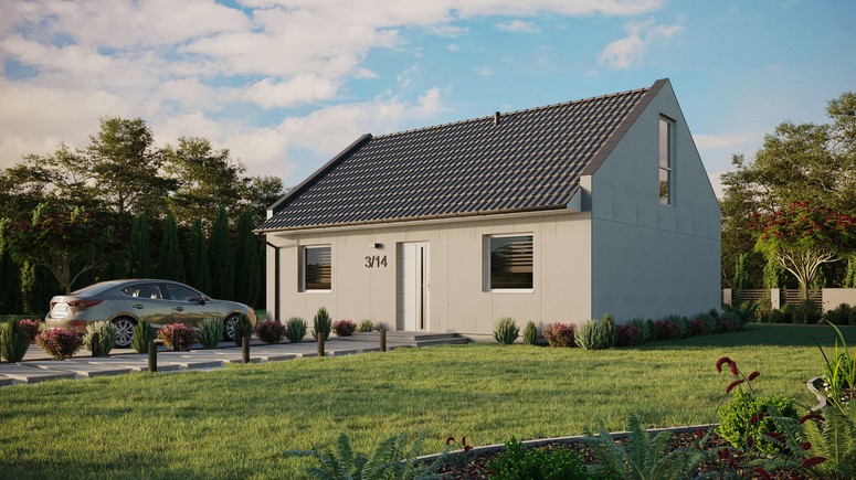 Projekt ERDOL 2 - Wersja lewa (salon po lewej stronie) - Dwuspadowy nowoczesny z poddaszem użytkowym – kąt nachylenia 35 stopni - Bez okien/świetlików dachowych - Okno balkonowe w jadalni i okna na poddaszu do podłogi - Bez styropianu, siatki i kleju - Biały - Bez instalacji fotowoltaicznej