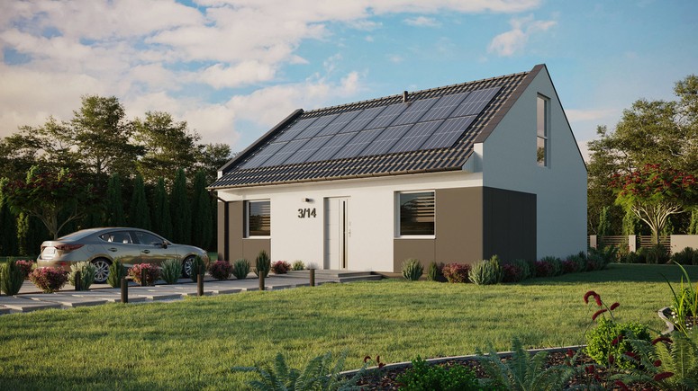 Projekt ERDOL 2 - Wersja lewa (salon po lewej stronie) - Dwuspadowy nowoczesny z poddaszem użytkowym – kąt nachylenia 35 stopni - Bez okien/świetlików dachowych - Okna na poddaszu do podłogi - Styropian, siatka i klej - Biały - Instalacja fotowoltaiczna 6,4 kWp (16 paneli)