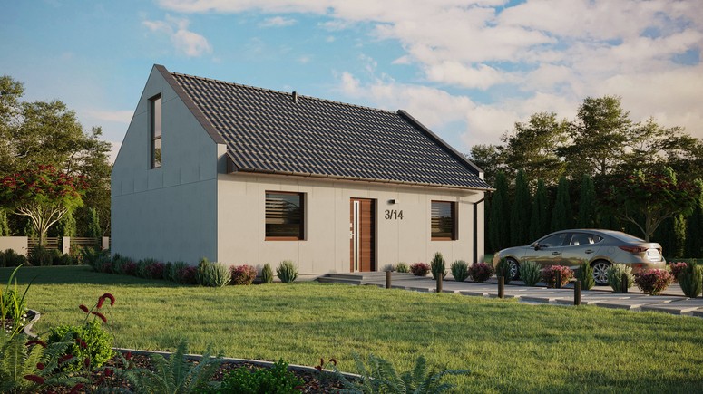 Projekt ERDOL 2 - Wersja prawa (salon po prawej stronie) - Dwuspadowy nowoczesny z poddaszem użytkowym – kąt nachylenia 35 stopni - Bez okien/świetlików dachowych - Okno balkonowe w jadalni i okna na poddaszu do podłogi - Bez styropianu, siatki i kleju - Orzech - Bez instalacji fotowoltaicznej