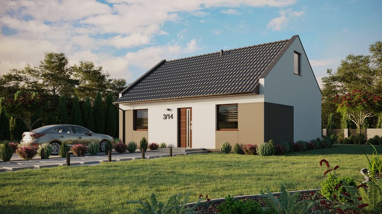 Projekt ERDOL 2 - Wersja lewa (salon po lewej stronie) - Dwuspadowy nowoczesny z poddaszem użytkowym – kąt nachylenia 35 stopni - Bez okien/świetlików dachowych - Okna standardowe - Styropian, siatka i klej - Orzech - Bez instalacji fotowoltaicznej