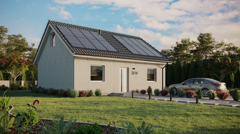 Projekt ERDOL 2 - Wersja prawa (salon po prawej stronie) - Dwuspadowy z poddaszem użytkowym – kąt nachylenia 35 stopni - Bez okien/świetlików dachowych - Okna standardowe - Bez styropianu, siatki i kleju - Biały - Instalacja fotowoltaiczna 6,4 kWp (16 paneli)