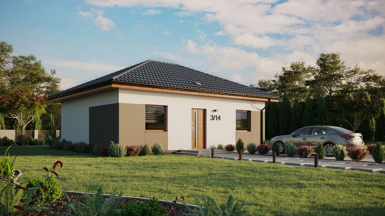 Projekt ERDOL 2 - Wersja prawa (salon po prawej stronie) - Czterospadowy bez poddasza użytkowego – kąt nachylenia 25 stopni - Świetlik dachowy - Okna standardowe - Styropian, siatka i klej - Złoty dąb