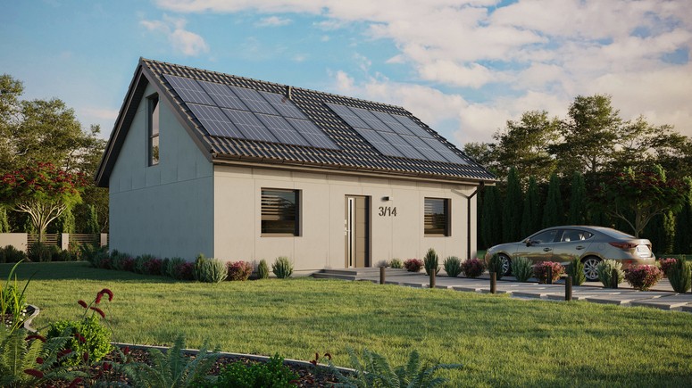 Projekt ERDOL 2 - Wersja prawa (salon po prawej stronie) - Dwuspadowy z poddaszem użytkowym – kąt nachylenia 35 stopni - Bez okien/świetlików dachowych - Okno balkonowe w jadalni i okna na poddaszu do podłogi - Bez styropianu, siatki i kleju - Antracyt - Instalacja fotowoltaiczna 6,4 kWp (16 paneli)