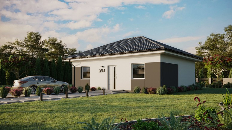 Projekt ERDOL 2 - Wersja lewa (salon po lewej stronie) - Czterospadowy bez poddasza użytkowego – kąt nachylenia 25 stopni - Bez okien/świetlików dachowych - Okno balkonowe w jadalni - Styropian, siatka i klej - Biały