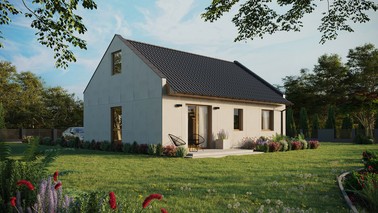 Projekt ERDOL 2 - Wersja prawa (salon po prawej stronie) - Dwuspadowy nowoczesny z poddaszem użytkowym – kąt nachylenia 35 stopni - Bez okien/świetlików dachowych - Okno balkonowe w jadalni - Bez styropianu, siatki i kleju - Winchester - Bez instalacji fotowoltaicznej