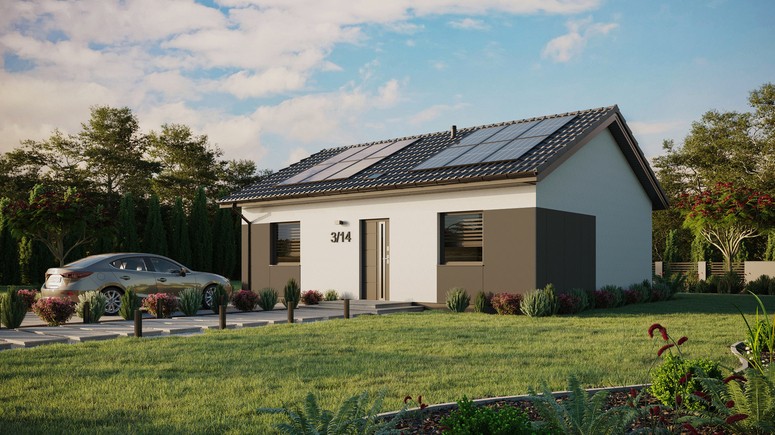 Projekt ERDOL 2 - Wersja lewa (salon po lewej stronie) - Dwuspadowy bez poddasza użytkowego – kąt nachylenia 25 stopni - Świetlik dachowy - Okna standardowe - Styropian, siatka i klej - Antracyt - Instalacja fotowoltaiczna 4,8 kWp (12 paneli)