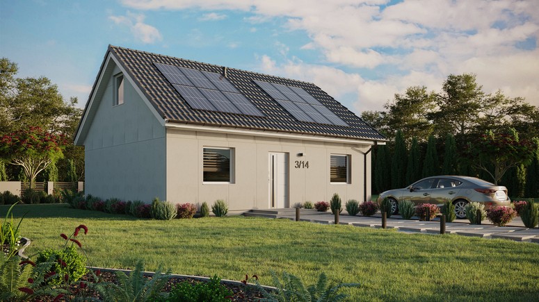 Projekt ERDOL 2 - Wersja prawa (salon po prawej stronie) - Dwuspadowy z poddaszem użytkowym – kąt nachylenia 35 stopni - Bez okien/świetlików dachowych - Okna standardowe - Bez styropianu, siatki i kleju - Biały - Instalacja fotowoltaiczna 4,8 kWp (12 paneli)