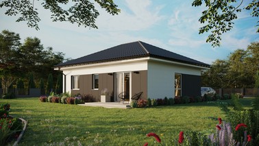 Projekt ERDOL 2 - Wersja lewa (salon po lewej stronie) - Czterospadowy bez poddasza użytkowego – kąt nachylenia 25 stopni - Bez okien/świetlików dachowych - Okno balkonowe w jadalni - Styropian, siatka i klej - Biały