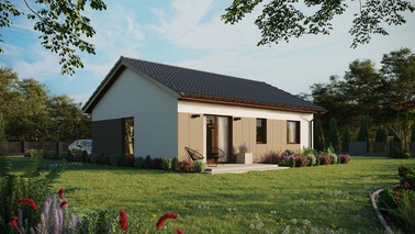 Projekt ERDOL 2 - Wersja prawa (salon po prawej stronie) - Dwuspadowy bez poddasza użytkowego – kąt nachylenia 25 stopni - Bez okien/świetlików dachowych - Okno balkonowe w jadalni - Styropian, siatka i klej - Orzech - Bez instalacji fotowoltaicznej