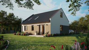 Projekt ERDOL 2 - Wersja lewa (salon po lewej stronie) - Dwuspadowy nowoczesny z poddaszem użytkowym – kąt nachylenia 35 stopni - Okno dachowe pokojowe i łazienkowe - Okna standardowe - Styropian, siatka i klej - Złoty dąb - Bez instalacji fotowoltaicznej