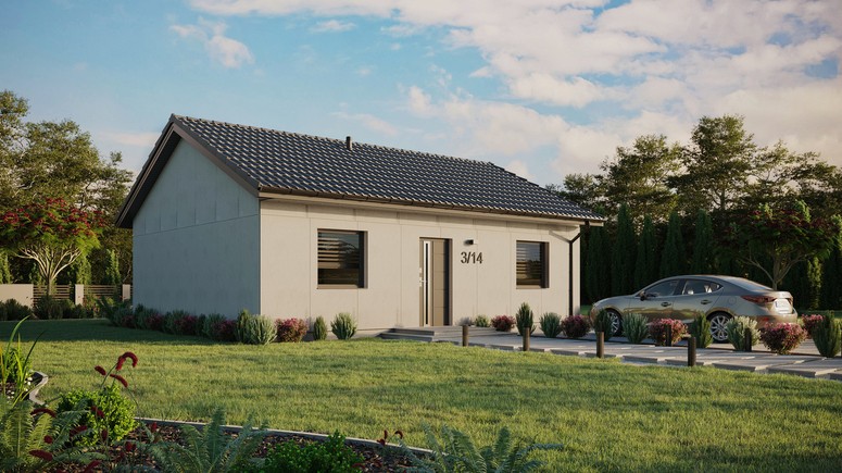 Projekt ERDOL 2 - Wersja prawa (salon po prawej stronie) - Dwuspadowy bez poddasza użytkowego – kąt nachylenia 25 stopni - Bez okien/świetlików dachowych - Okna standardowe - Bez styropianu, siatki i kleju - Antracyt - Bez instalacji fotowoltaicznej