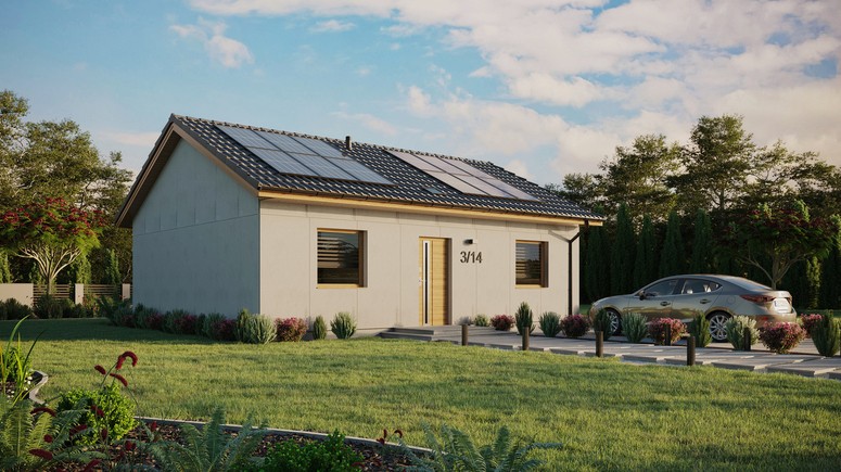 Projekt ERDOL 2 - Wersja prawa (salon po prawej stronie) - Dwuspadowy bez poddasza użytkowego – kąt nachylenia 25 stopni - Świetlik dachowy - Okna standardowe - Bez styropianu, siatki i kleju - Winchester - Instalacja fotowoltaiczna 4,8 kWp (12 paneli)