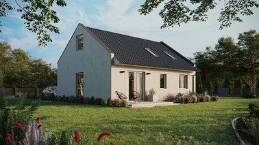 Projekt ERDOL 2 - Wersja prawa (salon po prawej stronie) - Dwuspadowy nowoczesny z poddaszem użytkowym – kąt nachylenia 35 stopni - Okno dachowe pokojowe i łazienkowe - Okno balkonowe w jadalni - Bez styropianu, siatki i kleju - Biały - Bez instalacji fotowoltaicznej