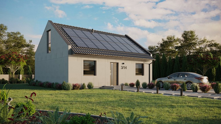 Projekt ERDOL 2 - Wersja prawa (salon po prawej stronie) - Dwuspadowy nowoczesny z poddaszem użytkowym – kąt nachylenia 35 stopni - Bez okien/świetlików dachowych - Okna na poddaszu do podłogi - Bez styropianu, siatki i kleju - Antracyt - Instalacja fotowoltaiczna 6,4 kWp (16 paneli)