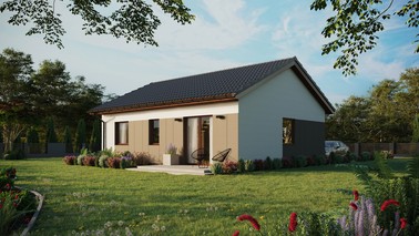 Projekt ERDOL 2 - Wersja lewa (salon po lewej stronie) - Dwuspadowy bez poddasza użytkowego – kąt nachylenia 25 stopni - Bez okien/świetlików dachowych - Okna standardowe - Styropian, siatka i klej - Orzech - Bez instalacji fotowoltaicznej