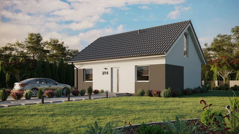 Projekt ERDOL 2 - Wersja lewa (salon po lewej stronie) - Dwuspadowy z poddaszem użytkowym – kąt nachylenia 35 stopni - Bez okien/świetlików dachowych - Okno balkonowe w jadalni i okna na poddaszu do podłogi - Styropian, siatka i klej - Biały - Bez instalacji fotowoltaicznej