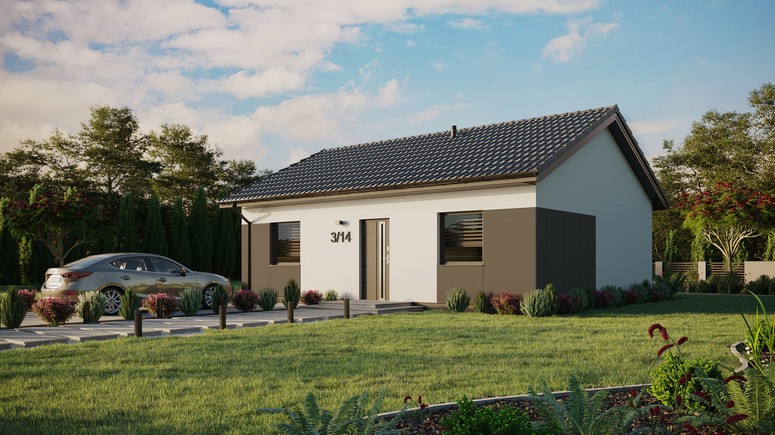 Projekt ERDOL 2 - Wersja lewa (salon po lewej stronie) - Dwuspadowy bez poddasza użytkowego – kąt nachylenia 25 stopni - Bez okien/świetlików dachowych - Okna standardowe - Styropian, siatka i klej - Antracyt - Bez instalacji fotowoltaicznej