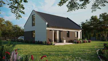 Projekt ERDOL 2 - Wersja prawa (salon po prawej stronie) - Dwuspadowy nowoczesny z poddaszem użytkowym – kąt nachylenia 35 stopni - Bez okien/świetlików dachowych - Okna na poddaszu do podłogi - Styropian, siatka i klej - Antracyt - Bez instalacji fotowoltaicznej