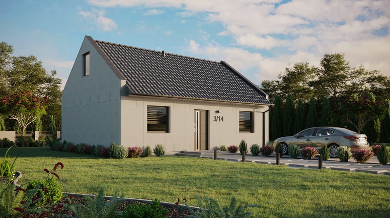 Projekt ERDOL 2 - Wersja prawa (salon po prawej stronie) - Dwuspadowy nowoczesny z poddaszem użytkowym – kąt nachylenia 35 stopni - Bez okien/świetlików dachowych - Okna standardowe - Bez styropianu, siatki i kleju - Antracyt - Bez instalacji fotowoltaicznej