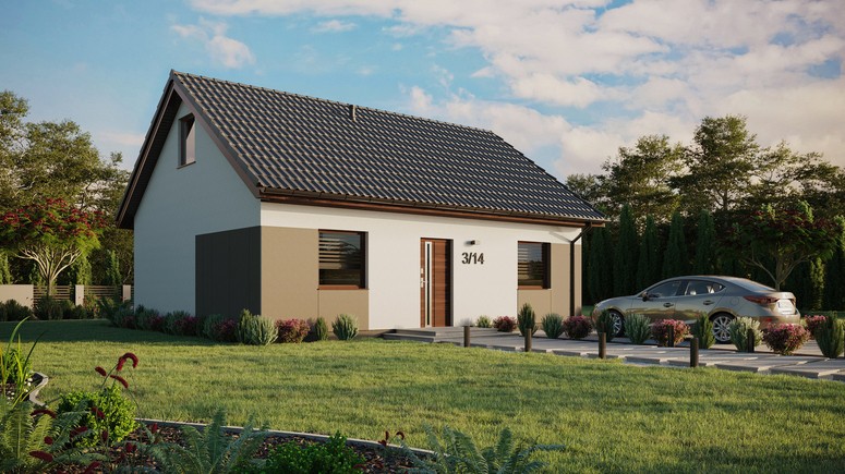 Projekt ERDOL 2 - Wersja prawa (salon po prawej stronie) - Dwuspadowy z poddaszem użytkowym – kąt nachylenia 35 stopni - Bez okien/świetlików dachowych - Okna standardowe - Styropian, siatka i klej - Orzech - Bez instalacji fotowoltaicznej