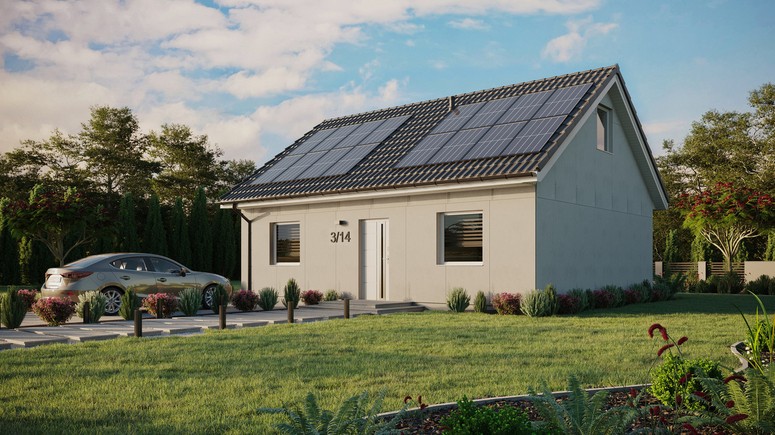 Projekt ERDOL 2 - Wersja lewa (salon po lewej stronie) - Dwuspadowy z poddaszem użytkowym – kąt nachylenia 35 stopni - Bez okien/świetlików dachowych - Okna standardowe - Bez styropianu, siatki i kleju - Biały - Instalacja fotowoltaiczna 6,4 kWp (16 paneli)