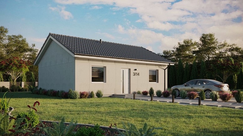 Projekt ERDOL 2 - Wersja prawa (salon po prawej stronie) - Dwuspadowy bez poddasza użytkowego – kąt nachylenia 25 stopni - Bez okien/świetlików dachowych - Okna standardowe - Bez styropianu, siatki i kleju - Biały - Bez instalacji fotowoltaicznej