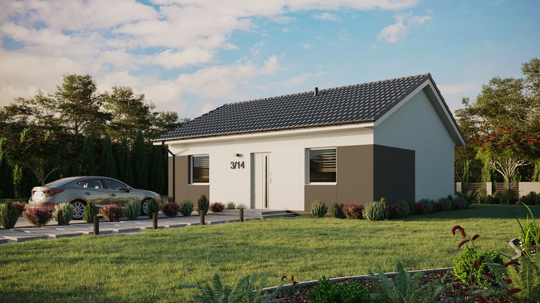 Projekt ERDOL 2 - Wersja lewa (salon po lewej stronie) - Dwuspadowy bez poddasza użytkowego – kąt nachylenia 25 stopni - Bez okien/świetlików dachowych - Okna standardowe - Styropian, siatka i klej - Biały - Bez instalacji fotowoltaicznej