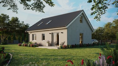 Projekt ERDOL 2 - Wersja lewa (salon po lewej stronie) - Dwuspadowy z poddaszem użytkowym – kąt nachylenia 35 stopni - Okno dachowe pokojowe i łazienkowe - Okno balkonowe w jadalni - Bez styropianu, siatki i kleju - Biały - Instalacja fotowoltaiczna 6,4 kWp (16 paneli)