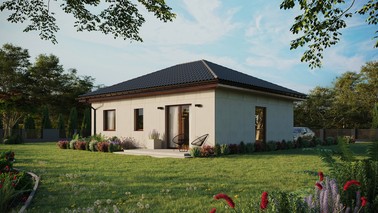 Projekt ERDOL 2 - Wersja lewa (salon po lewej stronie) - Czterospadowy bez poddasza użytkowego – kąt nachylenia 25 stopni - Świetlik dachowy - Okno balkonowe w jadalni - Bez styropianu, siatki i kleju - Orzech