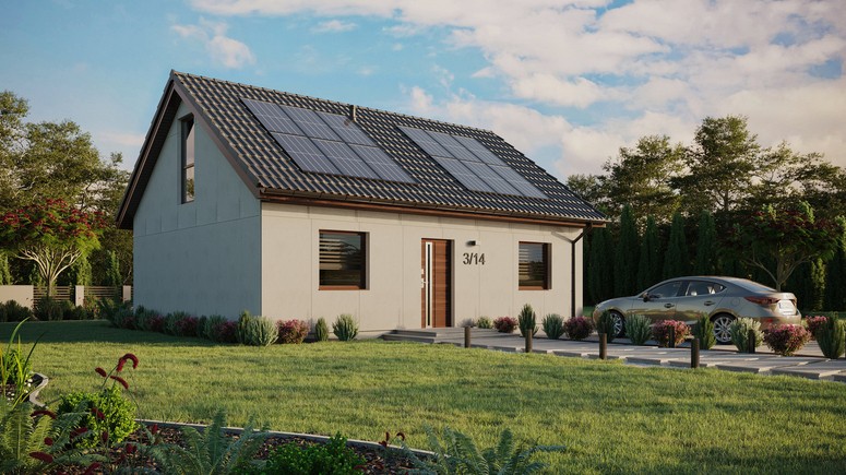 Projekt ERDOL 2 - Wersja prawa (salon po prawej stronie) - Dwuspadowy z poddaszem użytkowym – kąt nachylenia 35 stopni - Bez okien/świetlików dachowych - Okno balkonowe w jadalni i okna na poddaszu do podłogi - Bez styropianu, siatki i kleju - Orzech - Instalacja fotowoltaiczna 4,8 kWp (12 paneli)