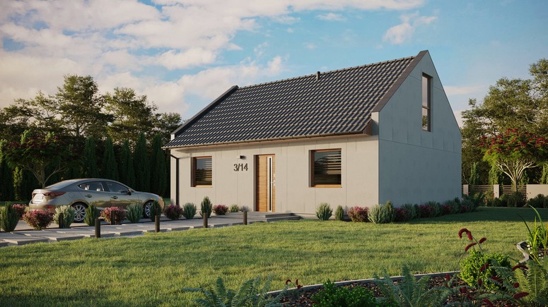 Projekt ERDOL 2 - Wersja lewa (salon po lewej stronie) - Dwuspadowy nowoczesny z poddaszem użytkowym – kąt nachylenia 35 stopni - Okno dachowe pokojowe i łazienkowe - Okna na poddaszu do podłogi - Bez styropianu, siatki i kleju - Złoty dąb - Bez instalacji fotowoltaicznej