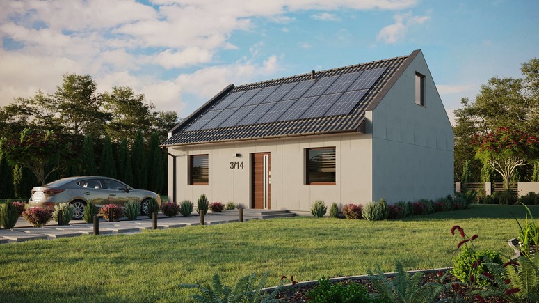 Projekt ERDOL 2 - Wersja lewa (salon po lewej stronie) - Dwuspadowy nowoczesny z poddaszem użytkowym – kąt nachylenia 35 stopni - Bez okien/świetlików dachowych - Okna standardowe - Bez styropianu, siatki i kleju - Orzech - Instalacja fotowoltaiczna 6,4 kWp (16 paneli)