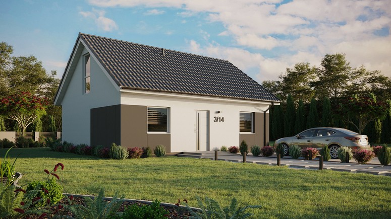 Projekt ERDOL 2 - Wersja prawa (salon po prawej stronie) - Dwuspadowy z poddaszem użytkowym – kąt nachylenia 35 stopni - Bez okien/świetlików dachowych - Okno balkonowe w jadalni i okna na poddaszu do podłogi - Styropian, siatka i klej - Biały - Bez instalacji fotowoltaicznej