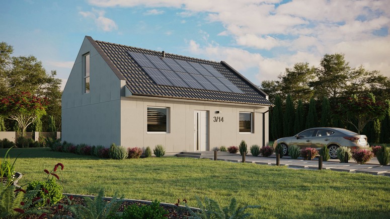 Projekt ERDOL 2 - Wersja prawa (salon po prawej stronie) - Dwuspadowy nowoczesny z poddaszem użytkowym – kąt nachylenia 35 stopni - Okno dachowe pokojowe i łazienkowe - Okna na poddaszu do podłogi - Bez styropianu, siatki i kleju - Biały - Instalacja fotowoltaiczna 4,8 kWp (12 paneli)