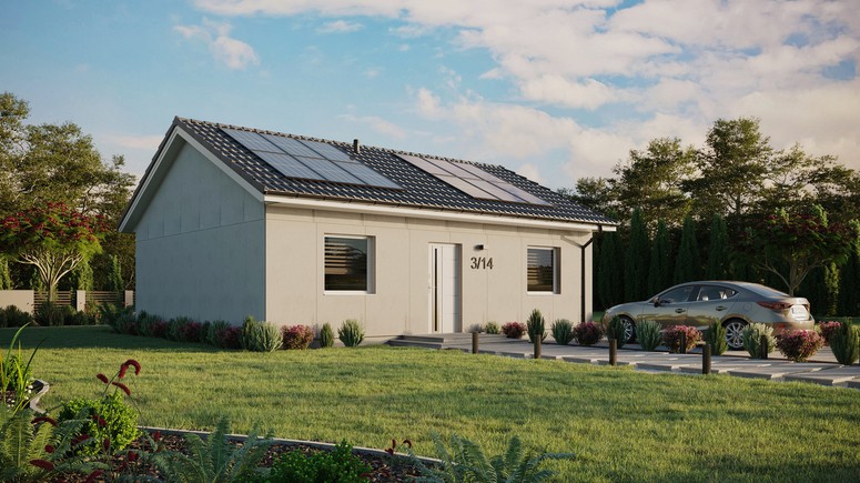 Projekt ERDOL 2 - Wersja prawa (salon po prawej stronie) - Dwuspadowy bez poddasza użytkowego – kąt nachylenia 25 stopni - Bez okien/świetlików dachowych - Okna standardowe - Bez styropianu, siatki i kleju - Biały - Instalacja fotowoltaiczna 4,8 kWp (12 paneli)