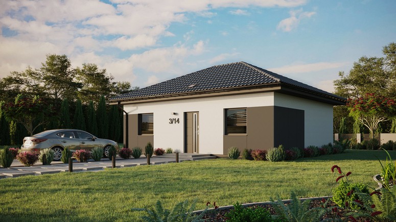 Projekt ERDOL 2 - Wersja lewa (salon po lewej stronie) - Czterospadowy bez poddasza użytkowego – kąt nachylenia 25 stopni - Świetlik dachowy - Okna standardowe - Styropian, siatka i klej - Antracyt