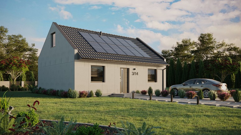 Projekt ERDOL 2 - Wersja prawa (salon po prawej stronie) - Dwuspadowy nowoczesny z poddaszem użytkowym – kąt nachylenia 35 stopni - Bez okien/świetlików dachowych - Okna standardowe - Bez styropianu, siatki i kleju - Antracyt - Instalacja fotowoltaiczna 4,8 kWp (12 paneli)