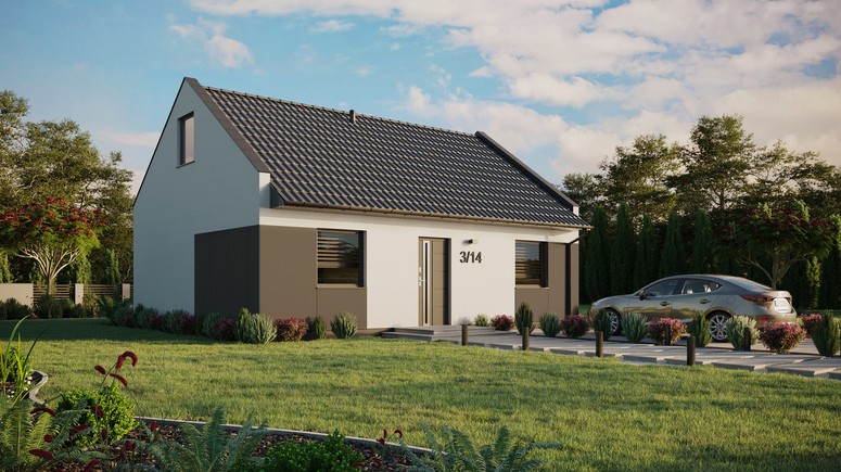 Projekt ERDOL 2 - Wersja prawa (salon po prawej stronie) - Dwuspadowy nowoczesny z poddaszem użytkowym – kąt nachylenia 35 stopni - Bez okien/świetlików dachowych - Okna standardowe - Styropian, siatka i klej - Antracyt - Bez instalacji fotowoltaicznej