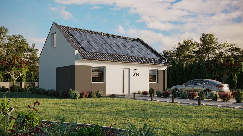 Projekt ERDOL 2 - Wersja prawa (salon po prawej stronie) - Dwuspadowy nowoczesny z poddaszem użytkowym – kąt nachylenia 35 stopni - Bez okien/świetlików dachowych - Okna standardowe - Styropian, siatka i klej - Biały - Instalacja fotowoltaiczna 6,4 kWp (16 paneli)