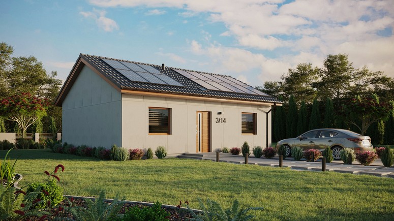 Projekt ERDOL 2 - Wersja prawa (salon po prawej stronie) - Dwuspadowy bez poddasza użytkowego – kąt nachylenia 25 stopni - Świetlik dachowy - Okna standardowe - Bez styropianu, siatki i kleju - Złoty dąb - Instalacja fotowoltaiczna 6,4 kWp (16 paneli)