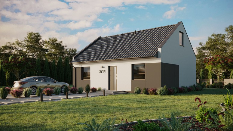 Projekt ERDOL 2 - Wersja lewa (salon po lewej stronie) - Dwuspadowy nowoczesny z poddaszem użytkowym – kąt nachylenia 35 stopni - Bez okien/świetlików dachowych - Okna standardowe - Styropian, siatka i klej - Antracyt - Bez instalacji fotowoltaicznej