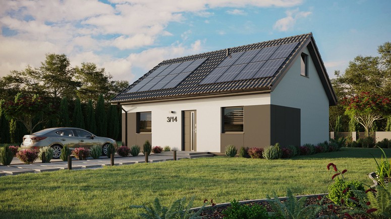 Projekt ERDOL 2 - Wersja lewa (salon po lewej stronie) - Dwuspadowy z poddaszem użytkowym – kąt nachylenia 35 stopni - Bez okien/świetlików dachowych - Okna standardowe - Styropian, siatka i klej - Antracyt - Instalacja fotowoltaiczna 6,4 kWp (16 paneli)