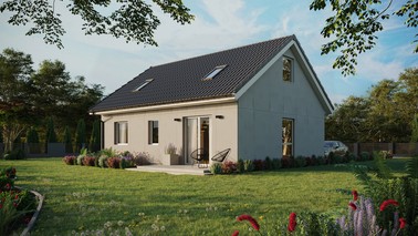 Projekt ERDOL 2 - Wersja lewa (salon po lewej stronie) - Dwuspadowy z poddaszem użytkowym – kąt nachylenia 35 stopni - Dwa okna dachowe pokojowe - Okno balkonowe w jadalni - Bez styropianu, siatki i kleju - Biały - Bez instalacji fotowoltaicznej