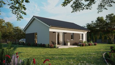 Projekt ERDOL 2 - Wersja prawa (salon po prawej stronie) - Dwuspadowy bez poddasza użytkowego – kąt nachylenia 25 stopni - Bez okien/świetlików dachowych - Okno balkonowe w jadalni - Styropian, siatka i klej - Biały - Bez instalacji fotowoltaicznej