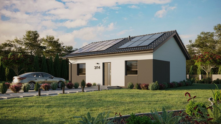 Projekt ERDOL 2 - Wersja lewa (salon po lewej stronie) - Dwuspadowy bez poddasza użytkowego – kąt nachylenia 25 stopni - Bez okien/świetlików dachowych - Okna standardowe - Styropian, siatka i klej - Antracyt - Instalacja fotowoltaiczna 6,4 kWp (16 paneli)