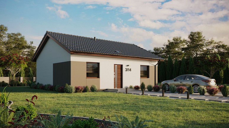 Projekt ERDOL 2 - Wersja prawa (salon po prawej stronie) - Dwuspadowy bez poddasza użytkowego – kąt nachylenia 25 stopni - Świetlik dachowy - Okna standardowe - Styropian, siatka i klej - Orzech - Bez instalacji fotowoltaicznej