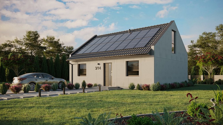 Projekt ERDOL 2 - Wersja lewa (salon po lewej stronie) - Dwuspadowy nowoczesny z poddaszem użytkowym – kąt nachylenia 35 stopni - Dwa okna dachowe pokojowe - Okno balkonowe w jadalni i okna na poddaszu do podłogi - Bez styropianu, siatki i kleju - Antracyt - Instalacja fotowoltaiczna 6,4 kWp (16 paneli)