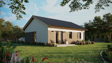 Projekt ERDOL 2 - Wersja prawa (salon po prawej stronie) - Dwuspadowy bez poddasza użytkowego – kąt nachylenia 25 stopni - Bez okien/świetlików dachowych - Okno balkonowe w jadalni - Styropian, siatka i klej - Winchester - Bez instalacji fotowoltaicznej